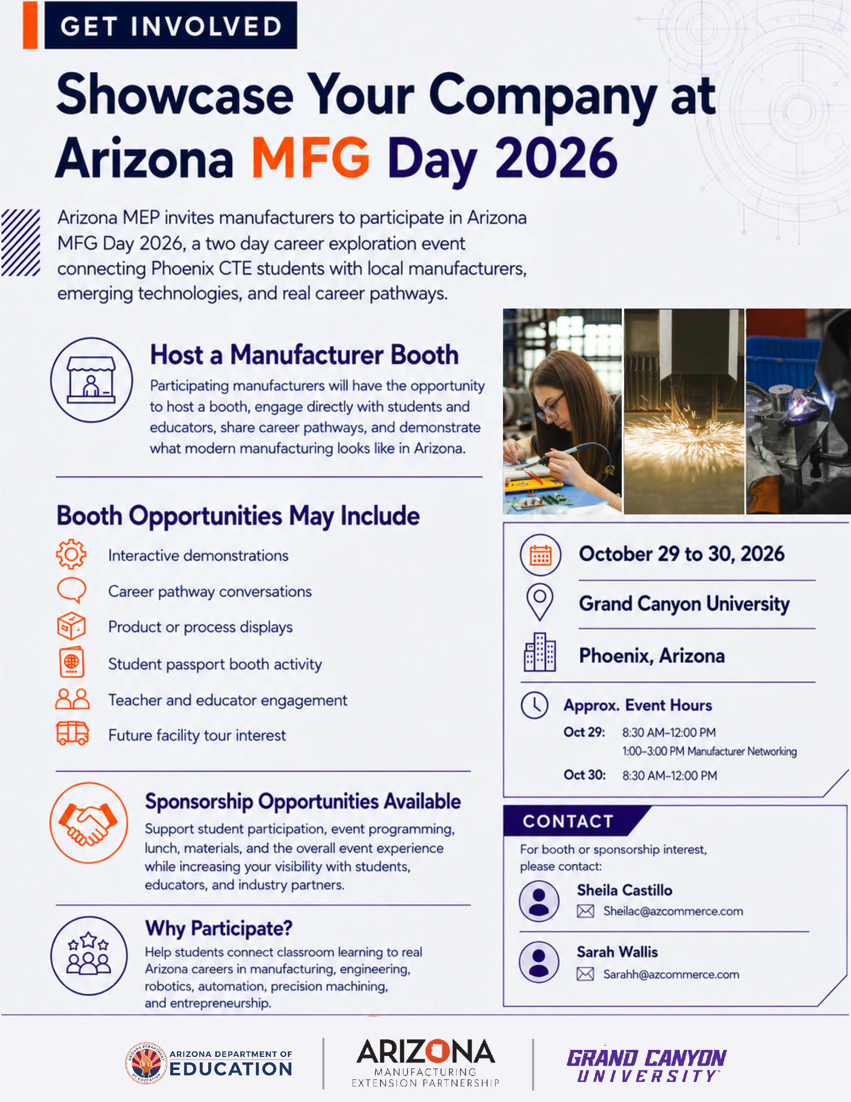 Save the Date flyer for Arizona Manufacturing Month 2026, promoting October events celebrating Arizona manufacturers, workforce development, and manufacturing careers.
